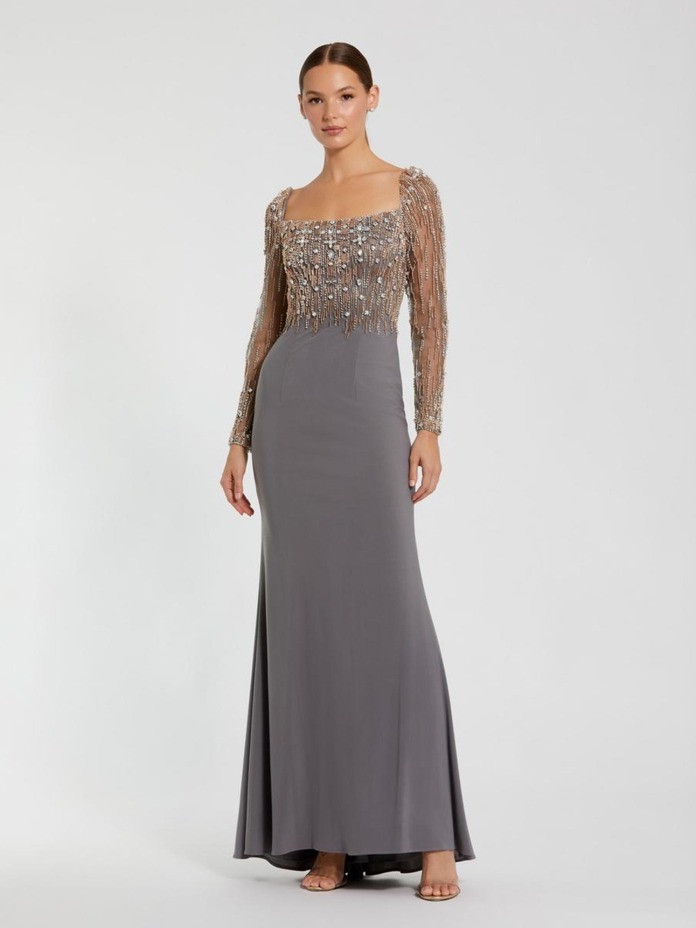 Mac Duggal 2256 Gray Beaded Square Neck Long Sleeve Jersey Gown Platinum Gold 2